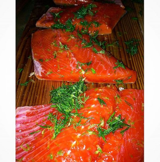 Cedar plank,  dill sockeye salmon