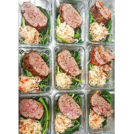 Home style 100% Grassfed beef meatloaf with grilled organic rapini (olive oil), raw/organic/unpasteurized sauerkraut