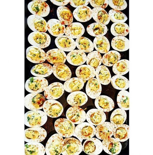 Free range deviled eggs, organic parsley, green onion,  pastured hickory smoked BACON and paprika sprinkle for a little pop