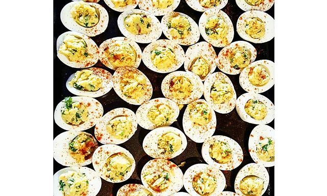 Free range deviled eggs, organic parsley, green onion,  pastured hickory smoked BACON and paprika sprinkle for a little pop