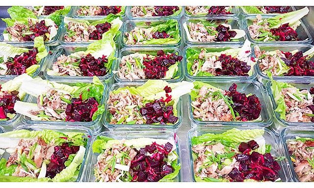 Seasoned roasted free range chicken,  hand pulled and rested atop organic romaine lettuce wraps. Cubed red beet salad,  slivered green onions