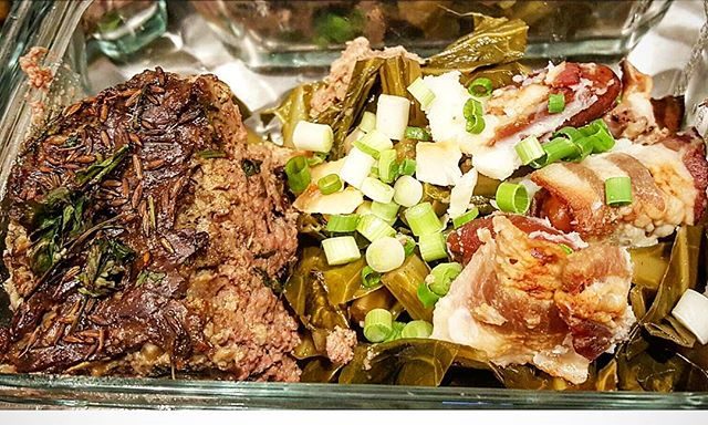 Baked 100% grassfed ground beef and liver pate,  pastured bacon wrapped dates, slow cooked organic collard greens and blueberries topped with coconut chips