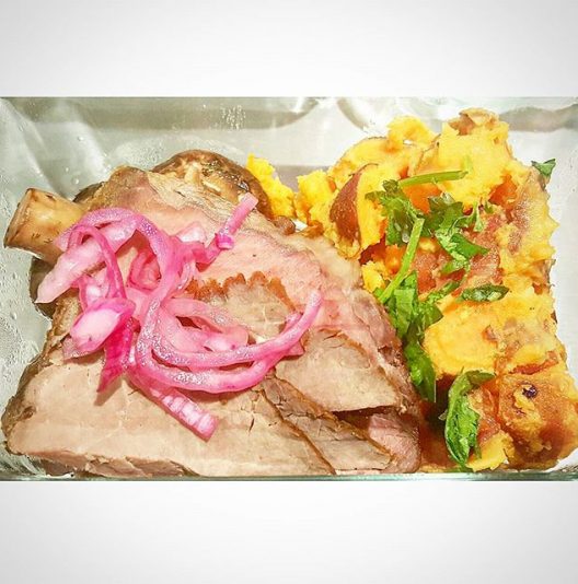 Paleo Steakhouse experience - slices of Grassfed round roast topped with organic pickled red onions,  organic Sweet potato salad coated with paleo mayo, bison bone broth braised cremini mushrooms