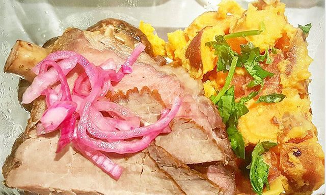 Paleo Steakhouse experience - slices of Grassfed round roast topped with organic pickled red onions,  organic Sweet potato salad coated with paleo mayo, bison bone broth braised cremini mushrooms