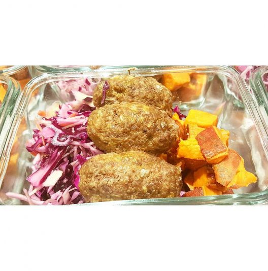 Form AND FunctionMiddle eastern Grassfed beef koftas atop organic cabbage/carrot slaw and baked sweet potato hash