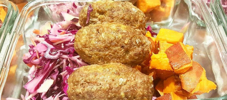 Form AND FunctionMiddle eastern Grassfed beef koftas atop organic cabbage/carrot slaw and baked sweet potato hash