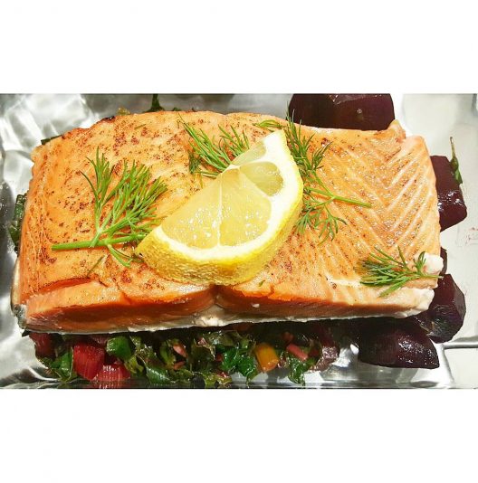 Expect the best from your meal prepSous vide and flame torched Wild BC sockeye salmon,  tossed organic Swiss chard and baked red beet salad