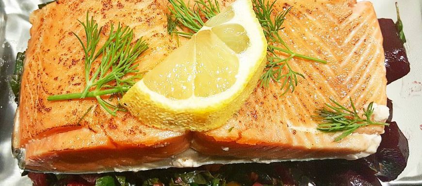 Expect the best from your meal prepSous vide and flame torched Wild BC sockeye salmon,  tossed organic Swiss chard and baked red beet salad