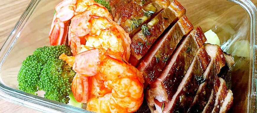 Paleo surf n turf! Seared Grassfed ribeye/sirloin and Argentinian wild shrimp (sauteed in Grassfed butter, chipotle, lemon) and organic garlicky broccoli