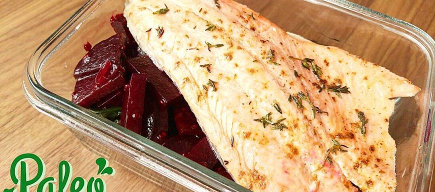 South African spiced baked Ontario lake trout with organic red chard and roasted beet salad