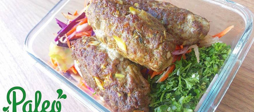 Middle eastern Grassfed beef koftas atop organic cabbage/carrot and pear slaw,  parsley and Brazil nut tabbouleh