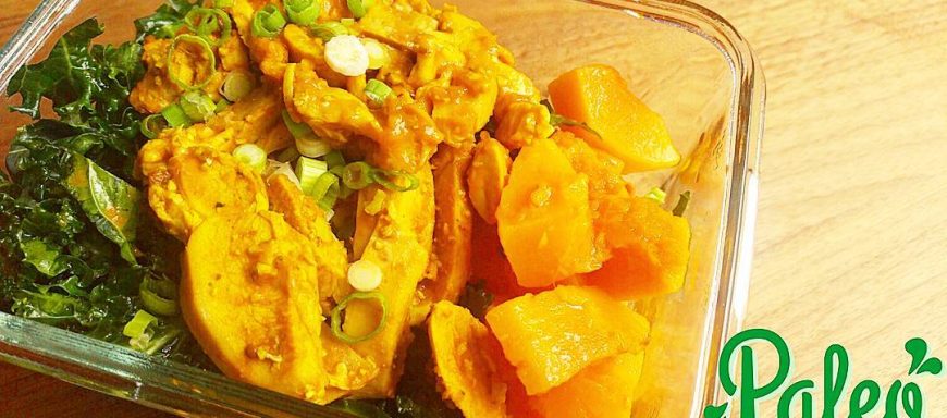 Paleo free range butter chicken with savoury organic butternut squash and fresh kale slaw salad. Topped with spring onion