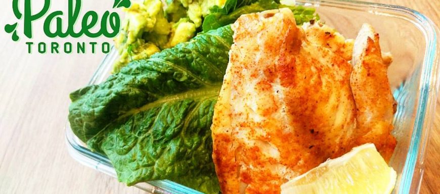 West coast paleo fish tacos- spiced wild Snapper fillets,  organic romaine "taco shells" and chunky guacamole, organic lemon wedge