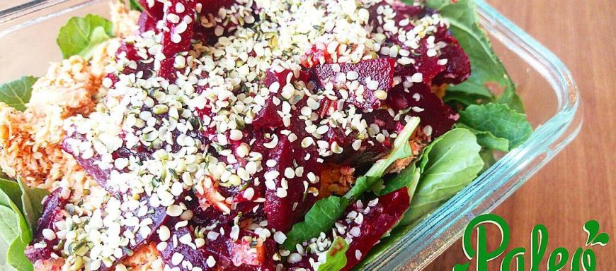 Minced wild sockeye salmon (paleo saffron mayo) salad- organic kale and arugula greens,  pickled red beets,  organic hemp hearts, house dressing