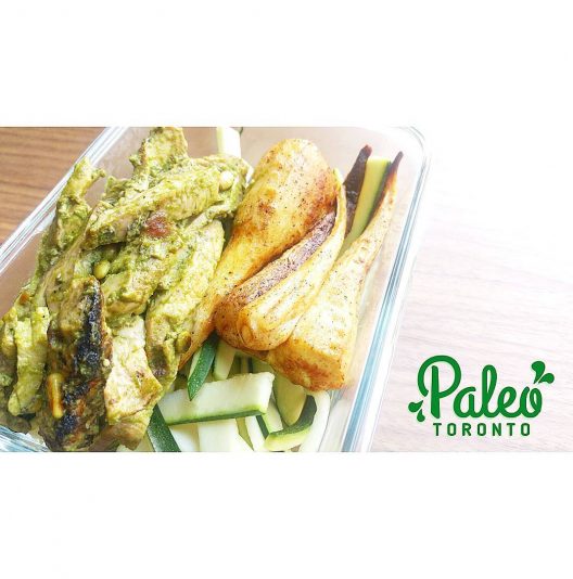 Free range chicken in organic basil pine nut pesto,  rustic cinammon nutmeg parsnips and mandolined zuchinni "noodles