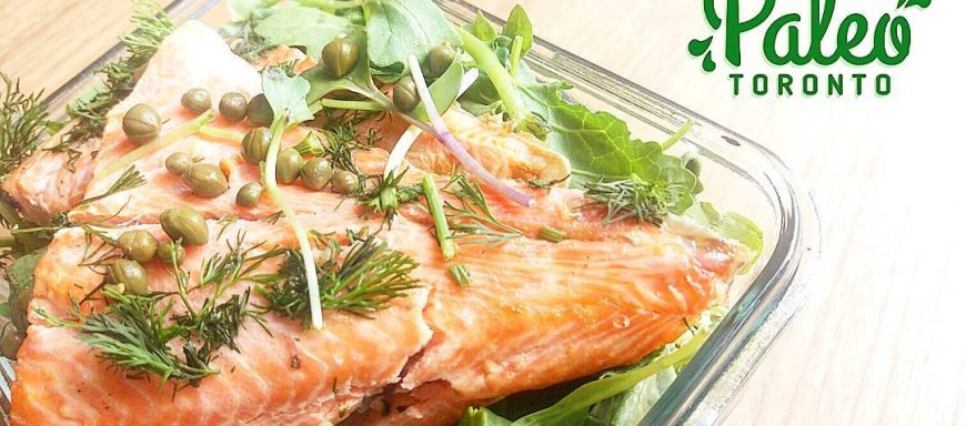 Broiled citrus dill Rainbow Lake trout atop organic spinach,  arugula and baby kale salad greens. Topped with organic pumpkin seeds,  hemp hearts,  pickled capers,  microgreen sprouts. House balsamic vinaigrette