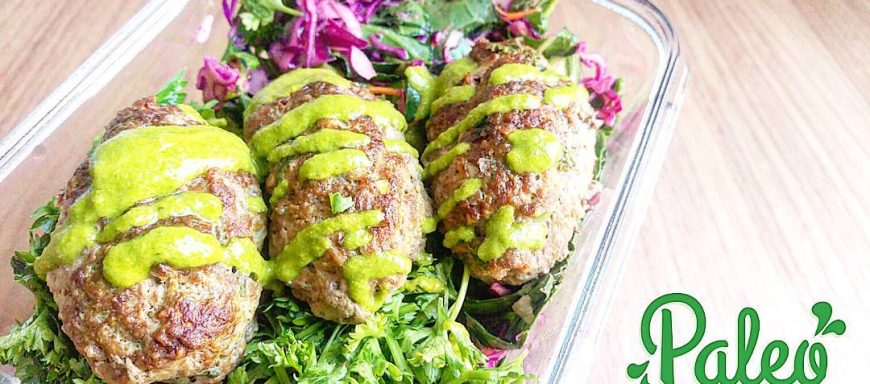 Grassfed Mediterranean beef koftas with organic collard green/purple cabbage slaw and parsley tabbouleh. Drizzled with Paleo house chimichurri