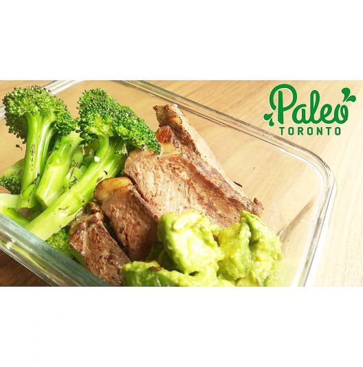 Succulent strips of 100% grassfed ribeye steak served with organic herb & garlic New Zealand buttered broccoli and paleo guacamole