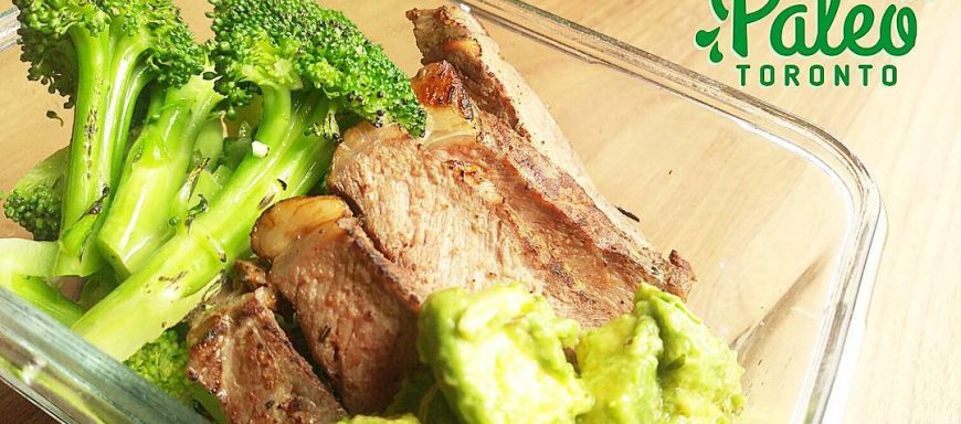 Succulent strips of 100% grassfed ribeye steak served with organic herb & garlic New Zealand buttered broccoli and paleo guacamole