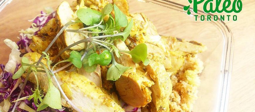 Roasted Caribbean free range chicken atop organic cauliflower couscous and  cabbage/toasted Cumin slaw. Garnished with organic microgreen sprouts