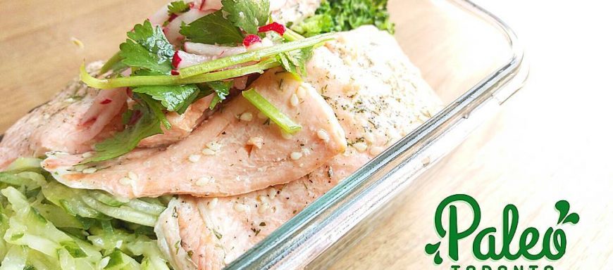 Baked  dill and sesame Ontario rainbow trout atop organic garlic broccoli and cucumber slaw. Topped with organic cilantro/radish