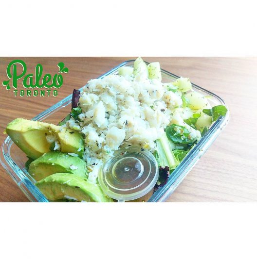 Flaked citrus n' herb wild pacific cod. Served as a cold salad with sliced avocados, dill seasoned cucumber, organic salad greens and house apricot vinaigrette dressing