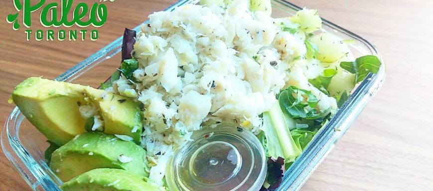 Flaked citrus n' herb wild pacific cod. Served as a cold salad with sliced avocados, dill seasoned cucumber, organic salad greens and house apricot vinaigrette dressing