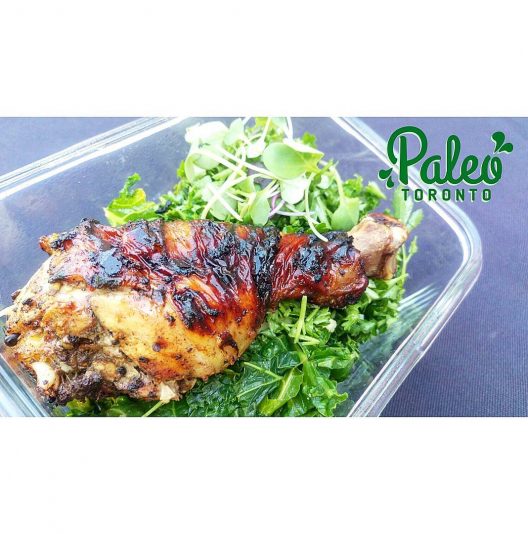 Bajan island BBQ free range chicken drumstick. Served atop balsamic tossed organic kale and almond /parsley tabbouleh. organic Ontario greenbelt microgreen sprouts