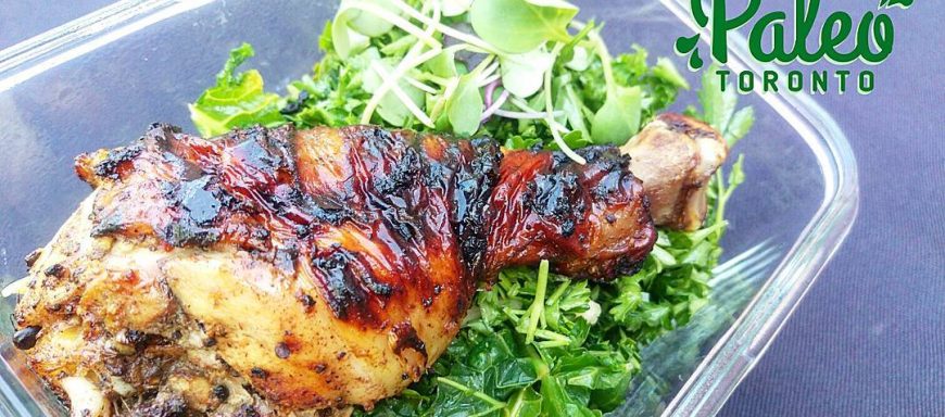 Bajan island BBQ free range chicken drumstick. Served atop balsamic tossed organic kale and almond /parsley tabbouleh. organic Ontario greenbelt microgreen sprouts