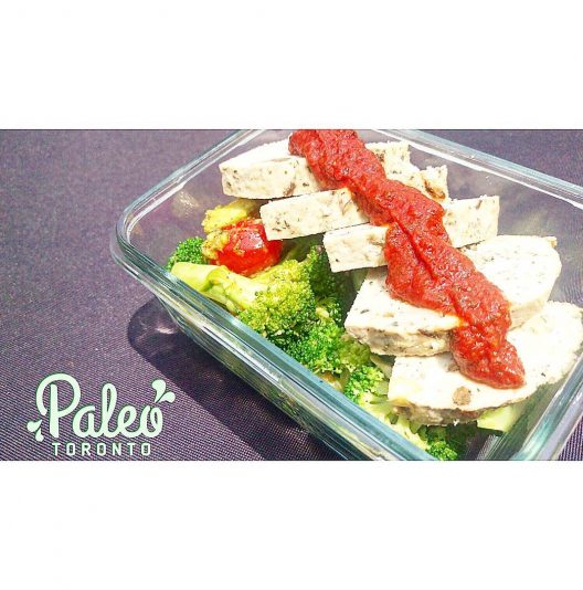 Homestyle free range chicken meatloaf! Served with organic broccoli topped with toasted garlic, and grape tomato/avocado/cilantro salsa. House paleo "ketchup" drizzle