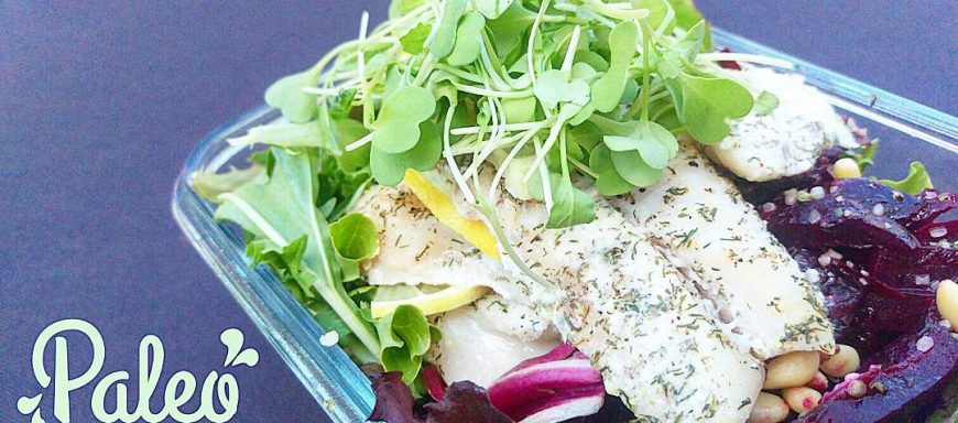 Dill and lemon peppered wild Snapper big salad. Slivered organic red beets,  hemp hearts, pine nuts and organic spring  mix greens. House red onion apple cider vinaigrette dressing. Topped with organic arugula sprouts