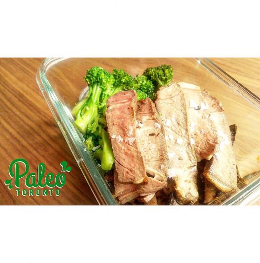 100% Ontario grassfed ribeye steak. Sliced and served atop baked Italian portobello mushrooms and organic garlic oiled broccoli