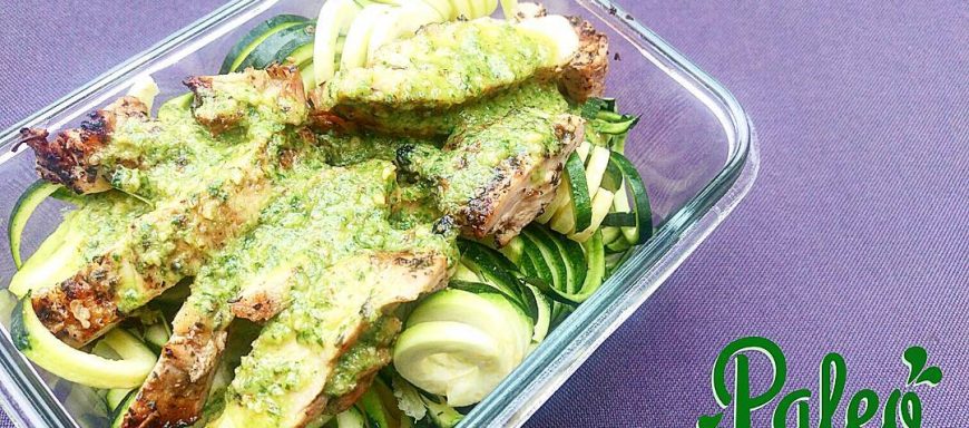 Grilled free range  Ontario chicken in organic almond/cashew basil pesto sauce atop spiralized organic zuchinni noodles