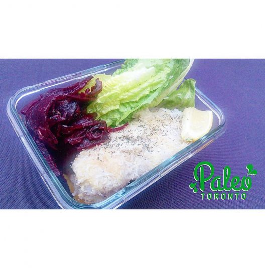 DIY Thai fish tacos - baked coconut coated wild icelandic snapper with organic romaine lettuce "taco shells". Side organic red beet salad and rested atop roasted organic acorn squash slices