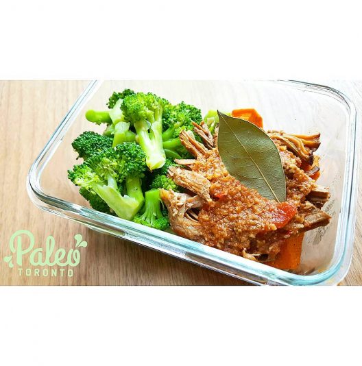 100% Ontario grassfed beef sirloin tip roast- slow braised in organic tomato base until pull apart tender. Served with garlicky tossed organic broccoli and roasted sweet potato topped with chives