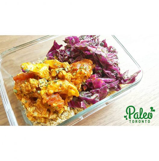 Paleo free range "butter chicken" ,  served with roasted organic cauliflower rice and tossed purple cabbage/apple cider vinegar/poppy seed and parsley slaw