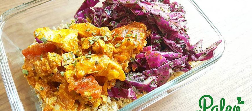 Paleo free range "butter chicken" ,  served with roasted organic cauliflower rice and tossed purple cabbage/apple cider vinegar/poppy seed and parsley slaw