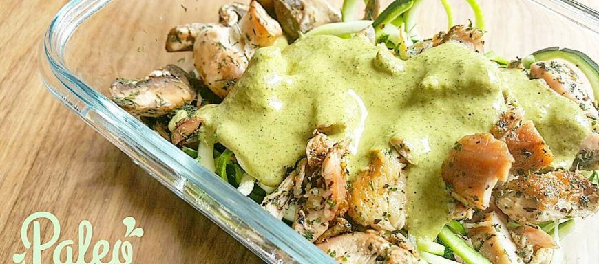 BBQ herb and garlic  free range chicken atop organic zuchinni noodles,  roasted white mushrooms and pine nut/basil pesto sauce