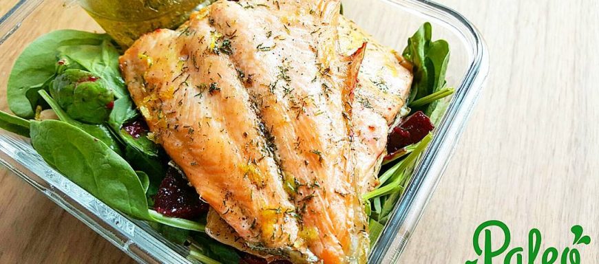 Big Rainbow Lake trout salad - fresh organic lemon rind and dill broiled trout fillets,  poppy balsamic dressed slivered red beets,  organic baby spinach, apple cider and parsley vinaigrette dressing