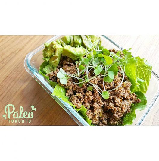 DIY Paleo Grassfed Lettuce wraps- Featuring seasoned Ontario grassfed ground beef,  organic romaine lettuce shells, avocado/parsley guacamole. Topped with organic greenbelt microgreen sprouts. Great to enjoy as a cold summer dish