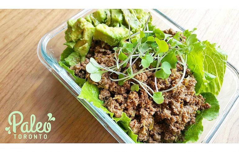 DIY Paleo Grassfed Lettuce wraps- Featuring seasoned Ontario grassfed ground beef,  organic romaine lettuce shells, avocado/parsley guacamole. Topped with organic greenbelt microgreen sprouts. Great to enjoy as a cold summer dish