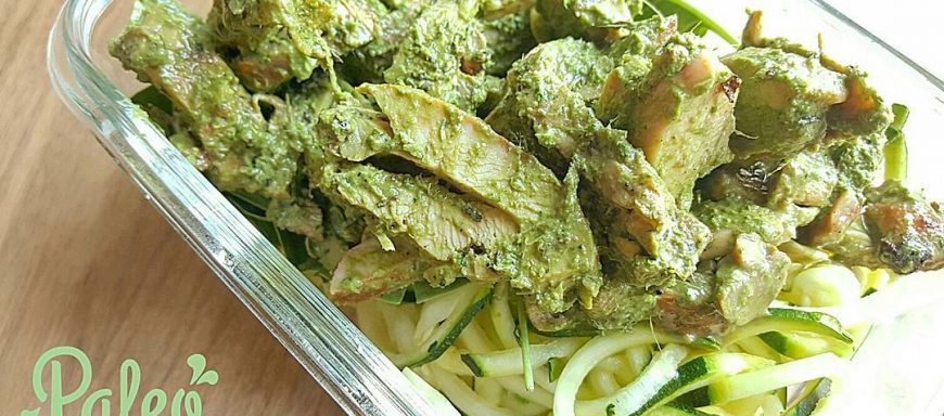 Free Ontario range chicken, grilled and tossed with organic herb blend and Paleo house basil/pine nut pesto. Served atop spiralized organic zuchinni noodles and baby spinach